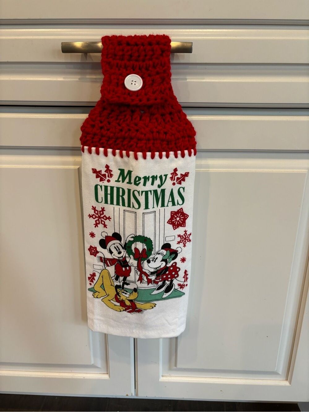 Crochet Top Kitchen Towel- Merry Christmas mickey/Minnie/donald